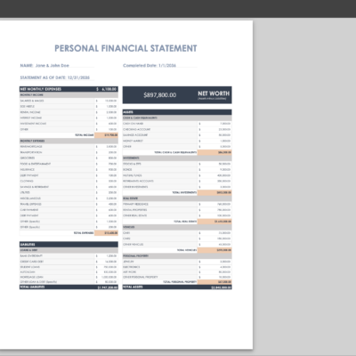 The personal financial statement in the print settings window, ready to print on one page.